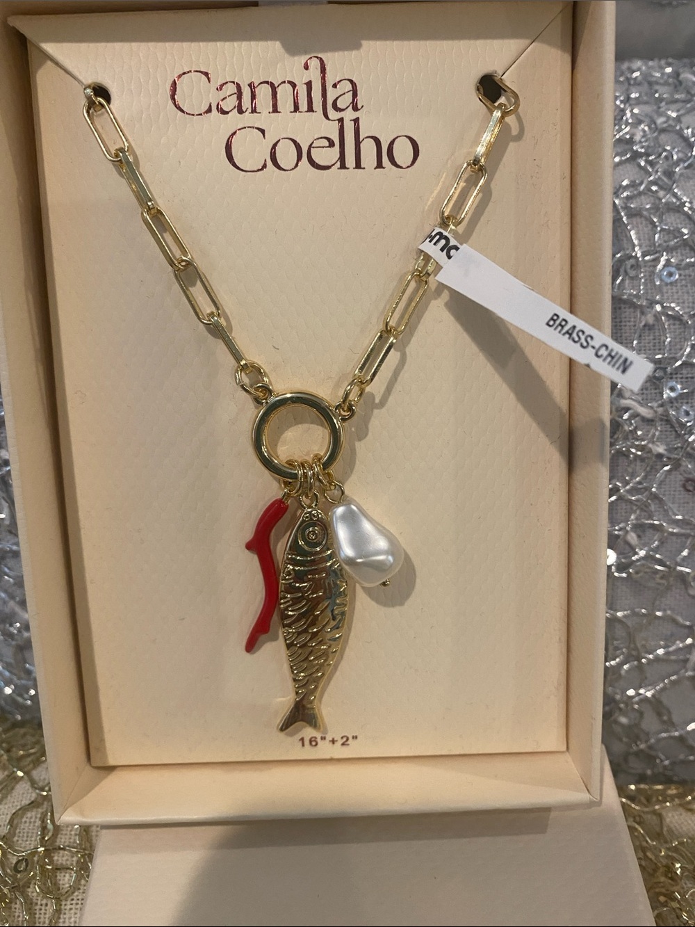 Camila Coelho Gold Charm Necklace with Red and Pearl Accents